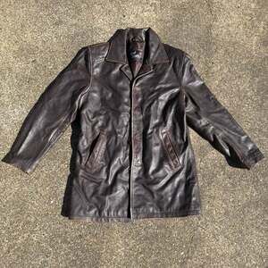 Vintage Brown Real Leather Car Coat Mid-Length Jacket Size M